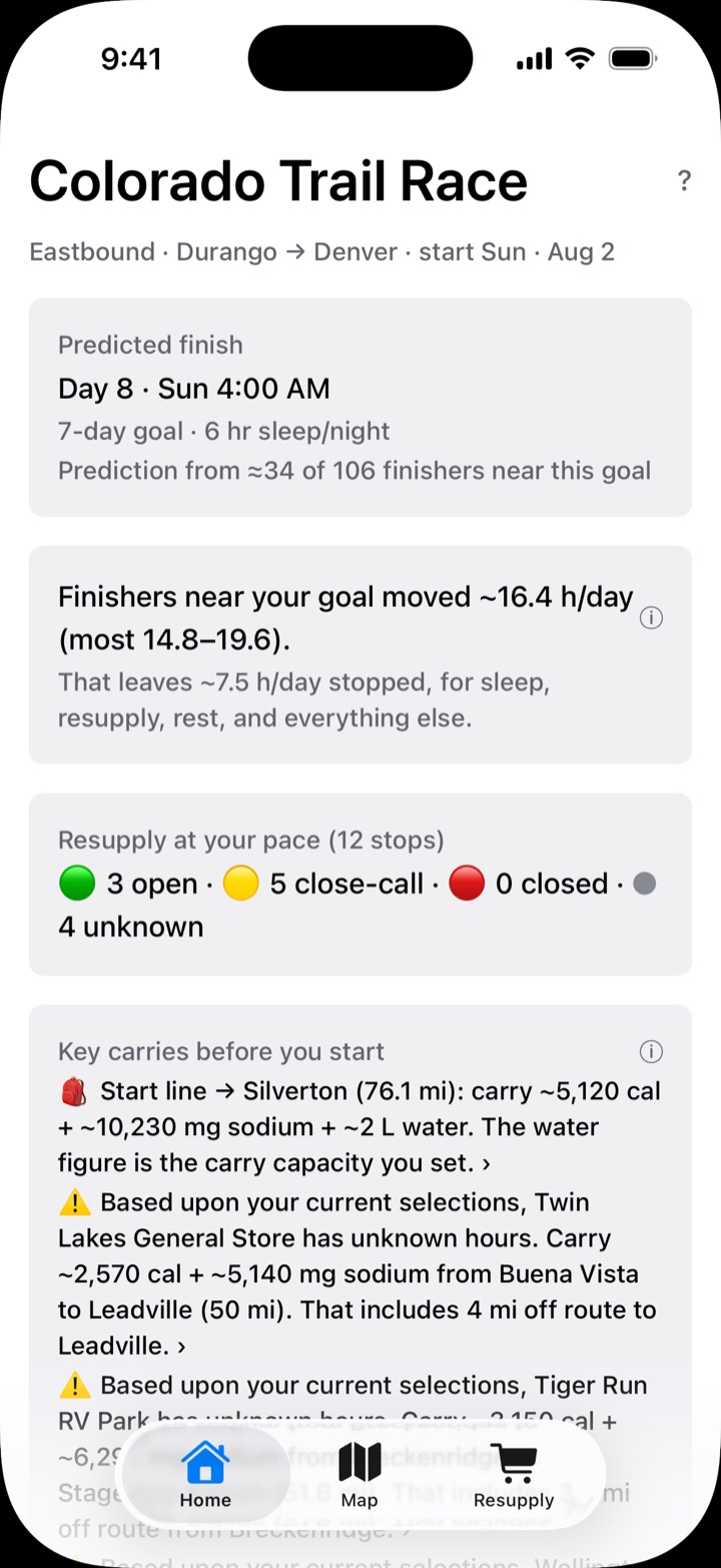 The app's home screen for the Colorado Trail Race, eastbound. Predicted finish Day 8, built from about 34 of 106 finishers near a 7-day goal. Finishers near the goal moved about 16.4 hours a day. Resupply at your pace across 12 stops: 3 open, 5 close calls, 0 closed, 4 unknown. Below, the key carries before the start.