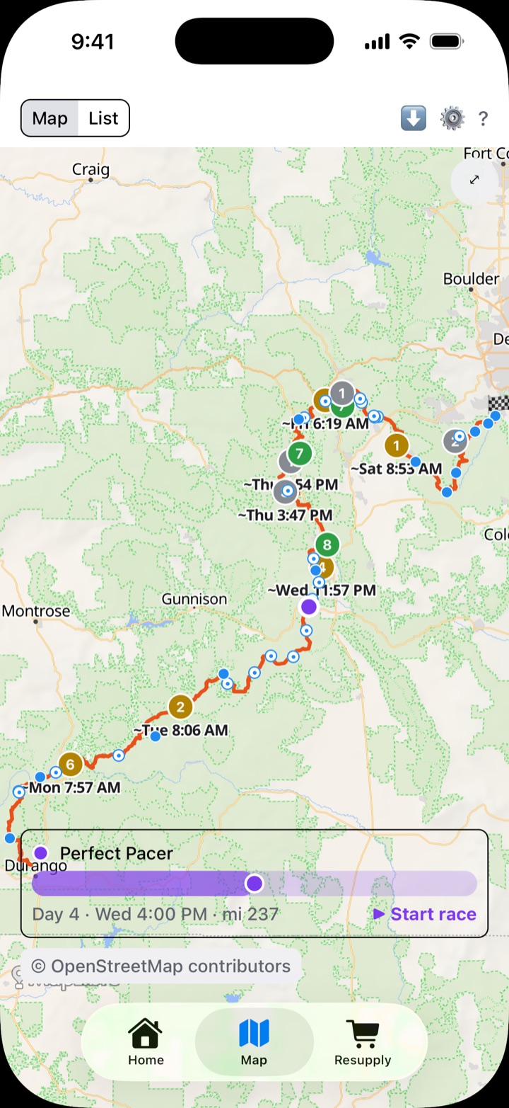 The app's map of the Colorado Trail Race, eastbound from Durango to Denver. The course is drawn in orange, each resupply stop shows its predicted arrival time, and the Perfect Pacer panel sits at the bottom with a Start race button.
