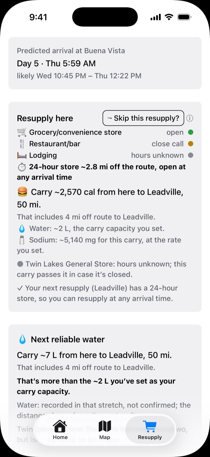The app's card for Buena Vista. Predicted arrival Day 5, Thursday 5:59 AM, likely between Wednesday 10:45 PM and Thursday 12:22 PM. The grocery store is open, the restaurant is a close call, and lodging hours are unknown. Carry about 2,570 calories from here to Leadville, 50 miles.